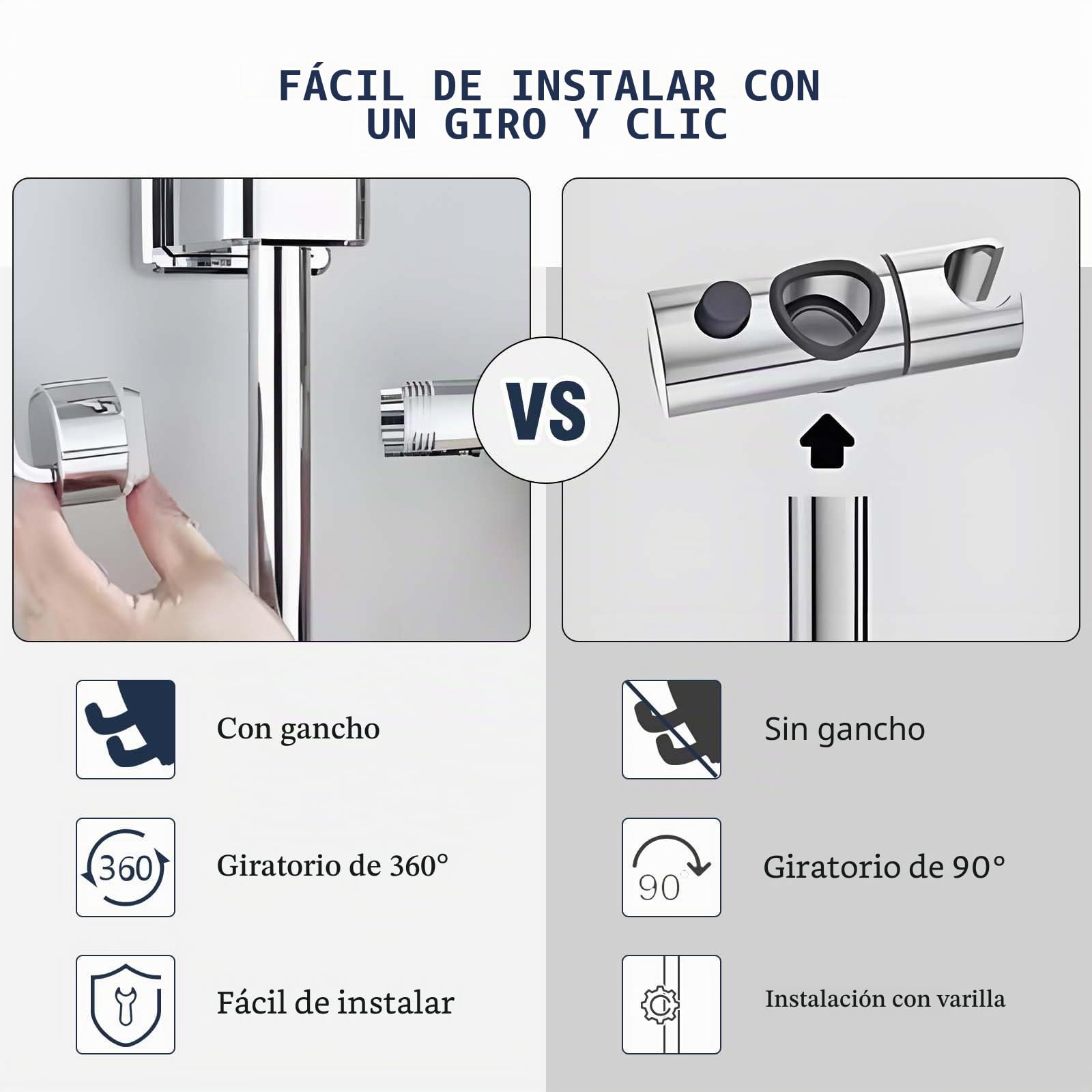 Vinabo Universal Soporte Ducha con 2 Ganchos, Soporte de Ducha, sin perforación, 18-25 mm, diámetro Ajustable, Espaciador Integrado para Proteger la Barra de Ducha