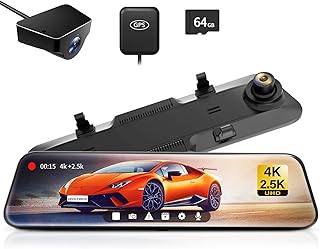 WOLFBOX 12" Rear View Mirror Camera, 4K Mirror Dash Cam Front and Rear with 2.5K Rear Camera, Smart Full Touch Screen Backup Camera for car, Dash Cam with WDR Camera,Night Vision,Free 64GB Card & GPS