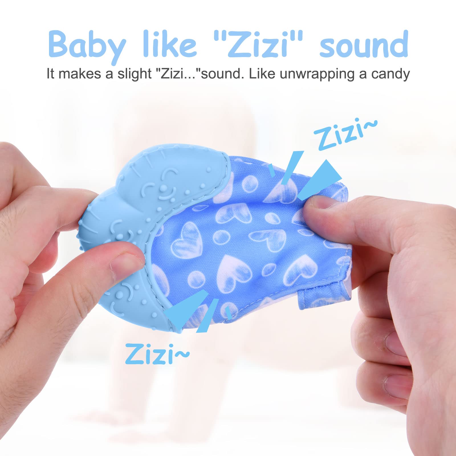 Vicloon Guanto da Dentizione per Bambini, 2 Pezzi Lenitivo Dentizione Mitten con Progetto Regolabile, Dentizione Neonati Giocattolo Guanti di Protezione con Massaggiagengive in Silicone, Cuore Blu