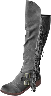 ZBYY Womens Knee High Boots Casual Over The Knee Retro Fringe Moccasin Flat Heel Zipper Long Boots Square Heels Shoes