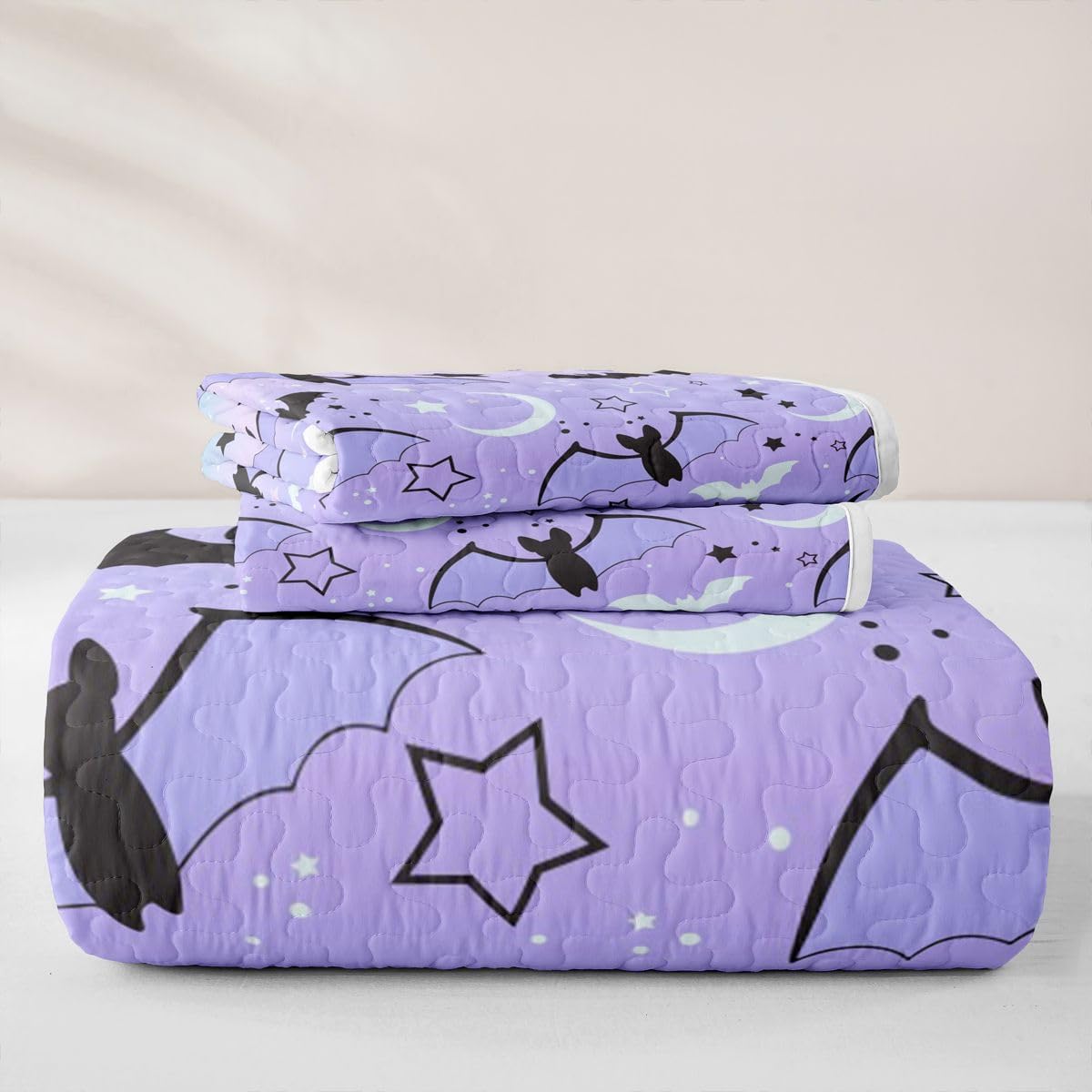 Feelyou Halloween Quilt Bedspread Rainbow Twin Quilt Bedspread for Boys Girls Children Bat Moon Star Print Quilt Sets Halloween Theme Purple Gradient Style Room Decor Bedding Set