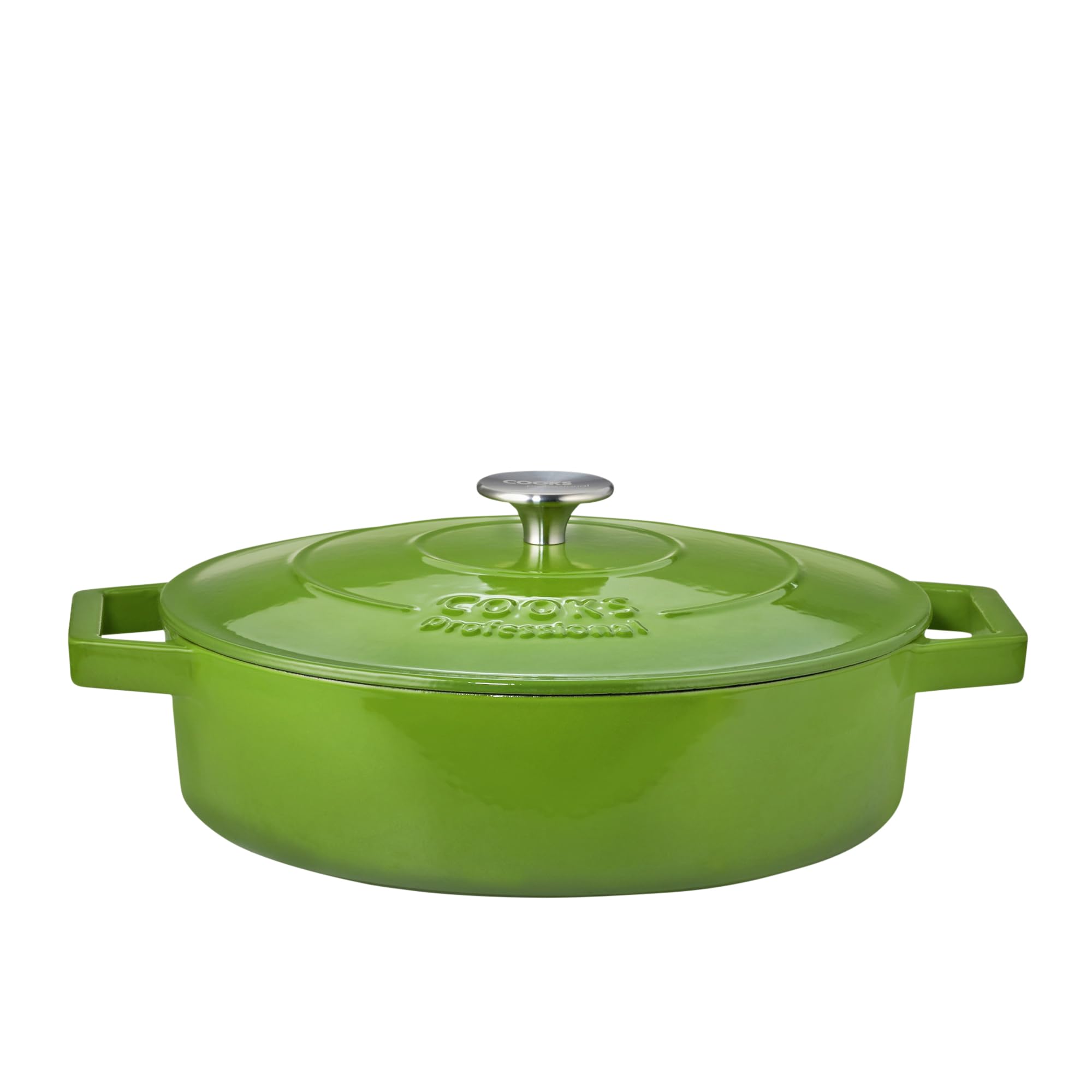 Cooks Professional 28cm Cast Iron Shallow Casserole Dish 4.3L with Lid & Handles | Colourful Modern Enamelled Cooking Pan Pot | Suitable For All Hobs Inc Induction | Oven & Grill Safe | Green