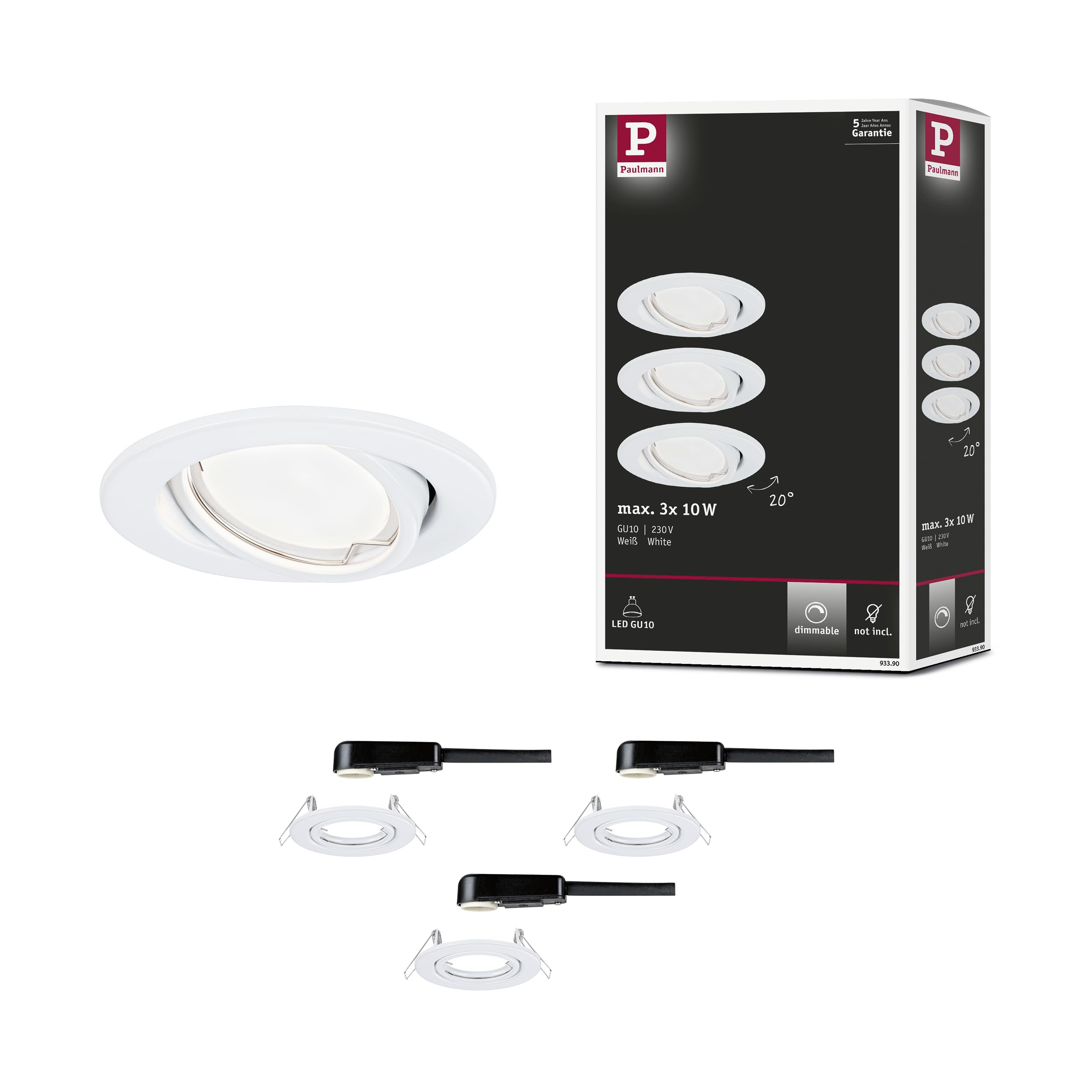 Paulmann 93390 recessed luminaire 3-Piece Set swivelling Round dimmable recessed Spotlight White spot Metal recessed lamp GU10