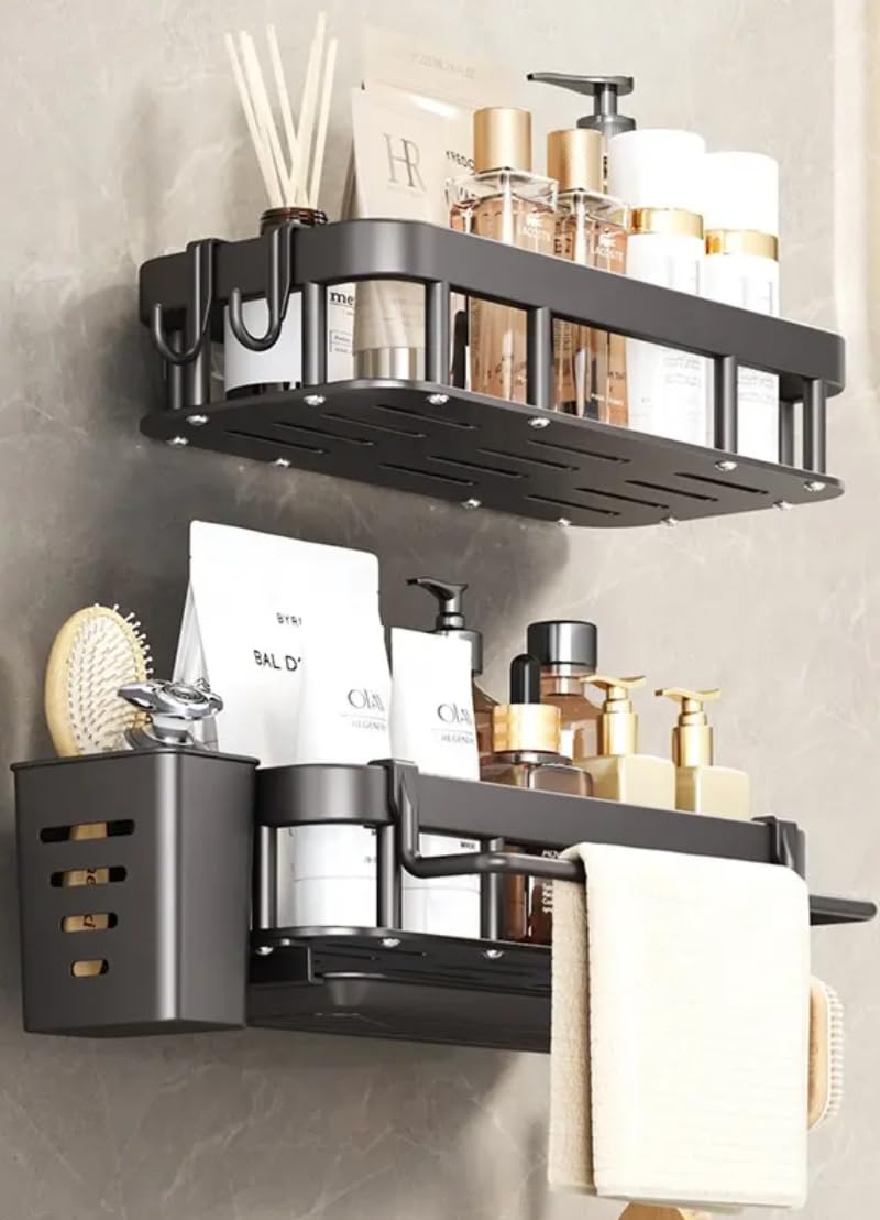 Royal-Pro Pp, Carbon Steel Bathroom Shelf for Wall Pack of 2 Shelf with Self Adhesive Stickers Washroom Organizer with Accessories Wall Mount Shelves Racks for Bathroom Storage