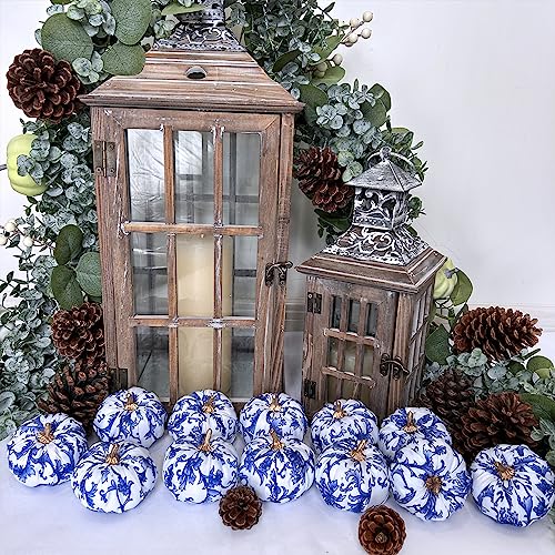 Image of Winlyn 12 Pcs Small Fabric Decorative Blue and White Pumpkins Chinoiserie Chic Foam Pumpkins 3 inch for Gifts Fall Wedding Halloween Thanksgiving Table Centerpiece Mantel Farmhouse Decor