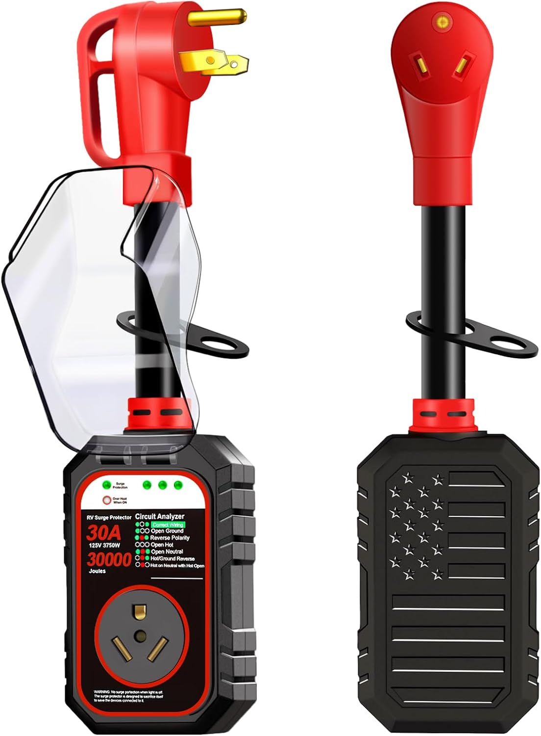 30000J 30Amp RV Surge Protector 30 Amp Flag Design - Upgraded Power Surges Voltage Protection Circuit Analyzer IP68 Waterproof Cover for 30A RVS Camper Trailer Must Haves (30Amp, Red)