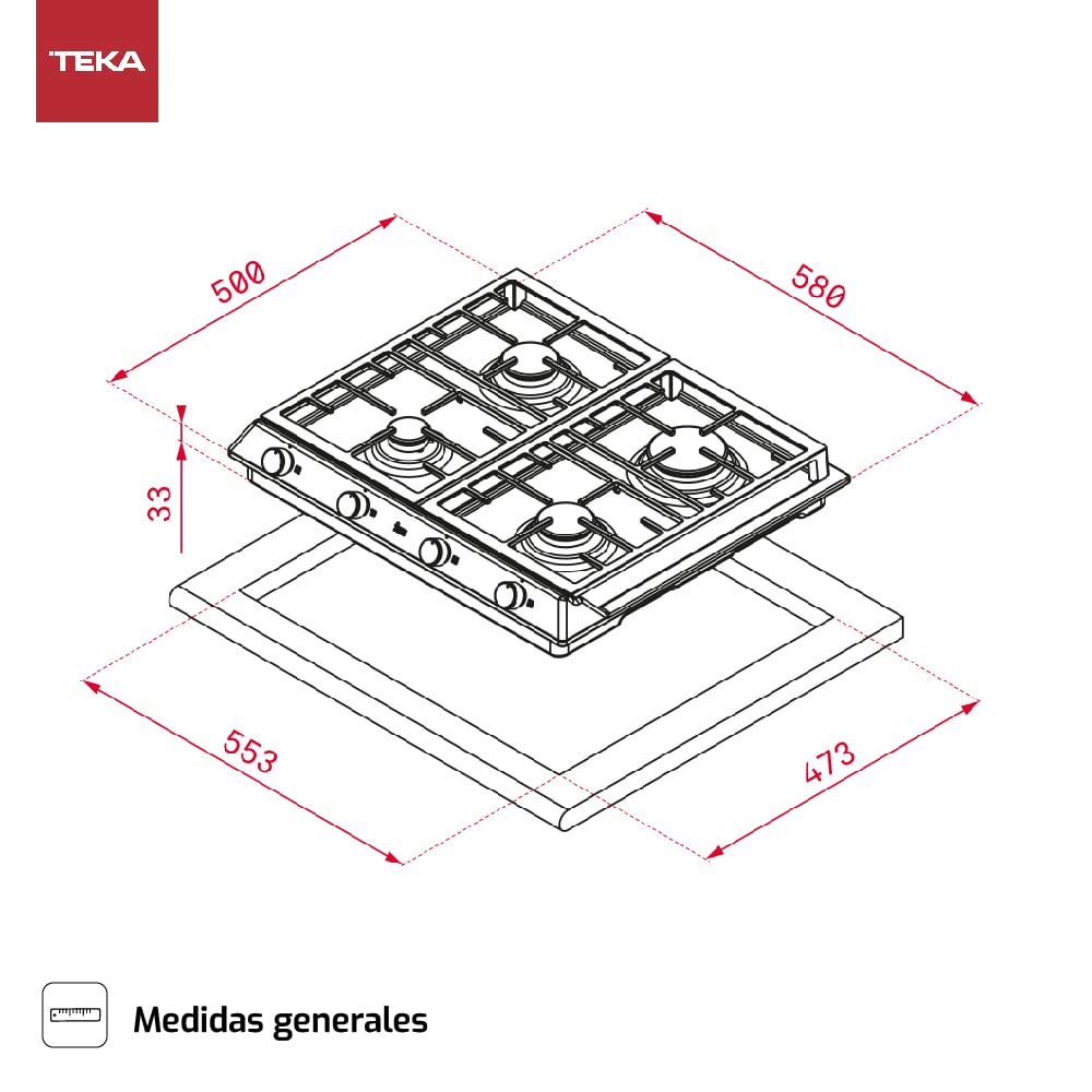 TEKA Placa de Gas 60 cm, 4 Quemadores Alta Eficiencia, Parrillas de Fundición, Doble Anillo, Mandos Frontales Metalizados, Autoencendido, Seguridad Termopar, EX 60.1 4G AI AL DR CI NAT