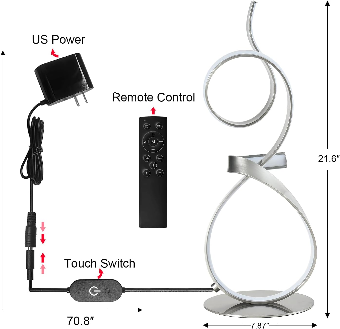 Sand Nickel 21inch 20W 2700LM Modern Bedside Table with Lamp Luxury LED Table Lamps 3 Color Touch Dimmer for Living Room with Remote Control