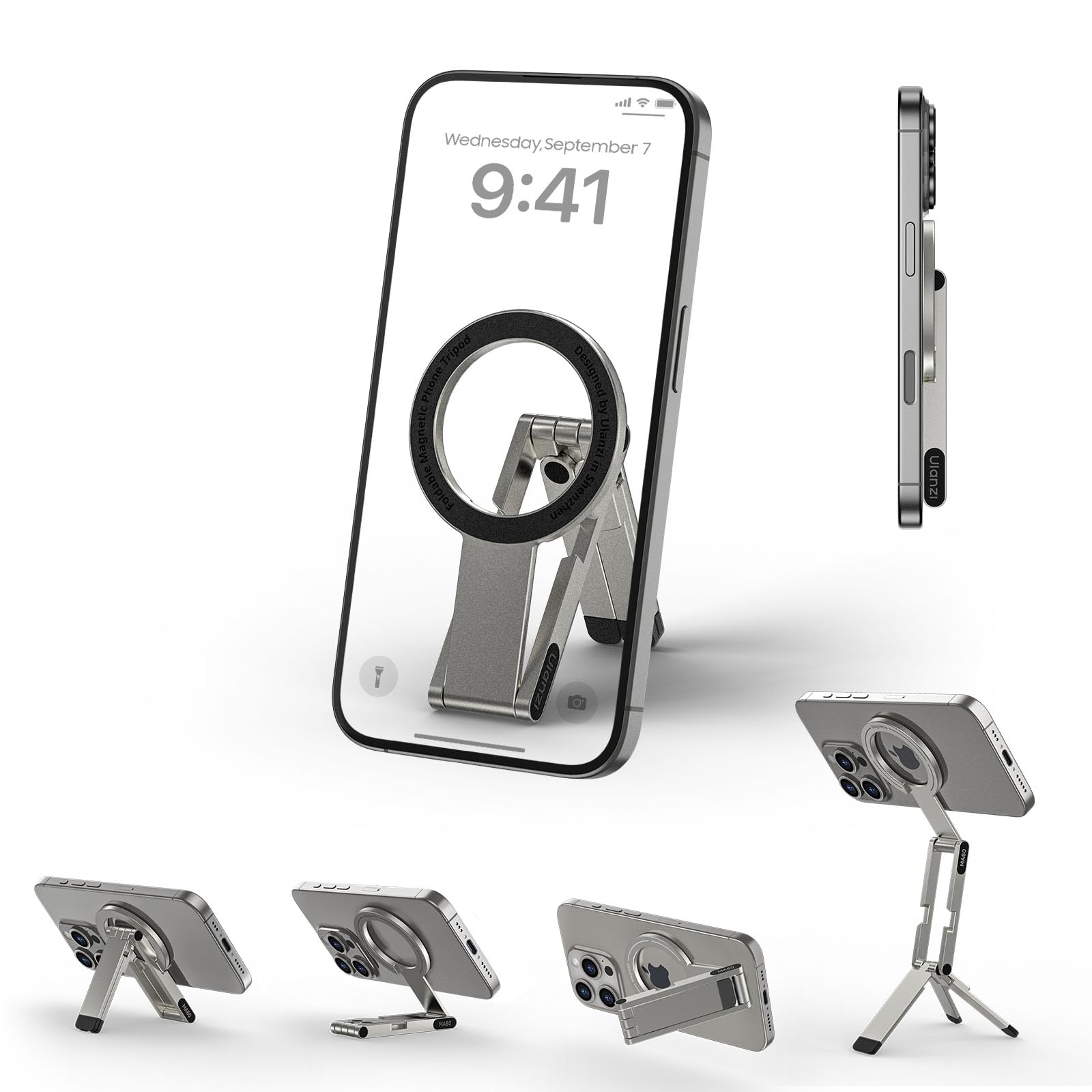 Ulanzi MA60 スマホ三脚 ミニ三脚 magsafeに対応 自撮り棒 スマホスタンド ミニ携帯スタンド 携帯リング スマホグリップ 薄型軽量 多機能角度調整可能 横置き/縦置き 折りたたみ式 両面マグネット式 アルミ製 持ち運び便利 安定 卓上三脚 セルフィー/生放送/撮影録画/動画鑑賞に最適 Android/iPhoneに対応 銀