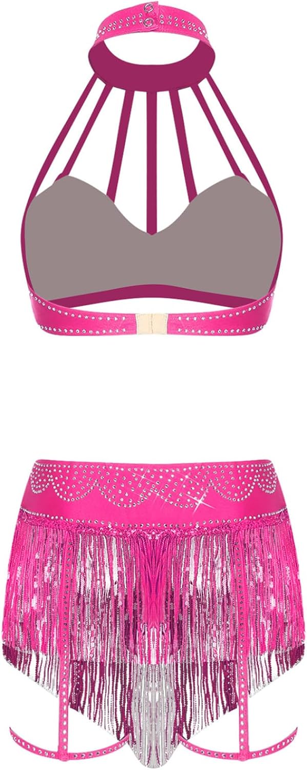 Vxuxlje Womens Sexy Belly Dance Outfits Shiny Rhinestone Bra Top with Sequined Tassel Briefs Sets