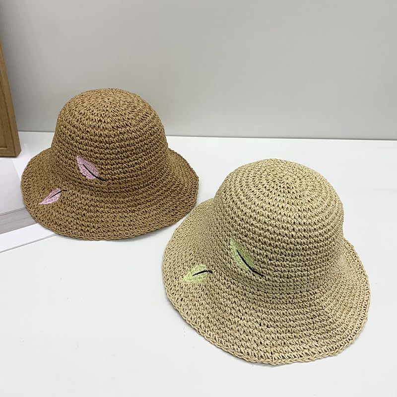Sombrero de Verano para Mujer,con Protección UV,Plegable,de ala Ancha,de Paja con Bordado de Hojas,Transpirable,para Playa,Exteriores,Vacaciones y Viajes