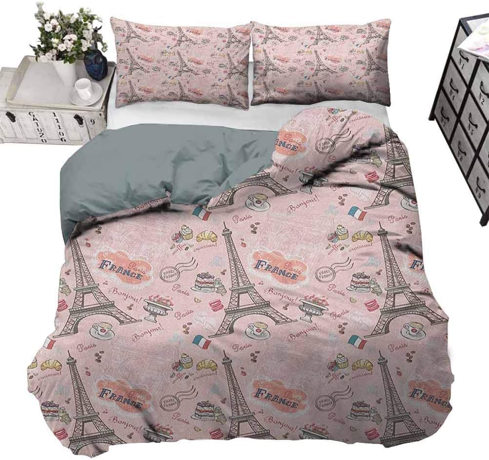 Kids Duvet Cover Set Paris Toddler Bedding Sets Romantic Elements from the Capital City of the France Croissant Muffin Macaroon Paris Decorative 3 Piece Bedding Set with 2 Pillow Shams, Twin Size