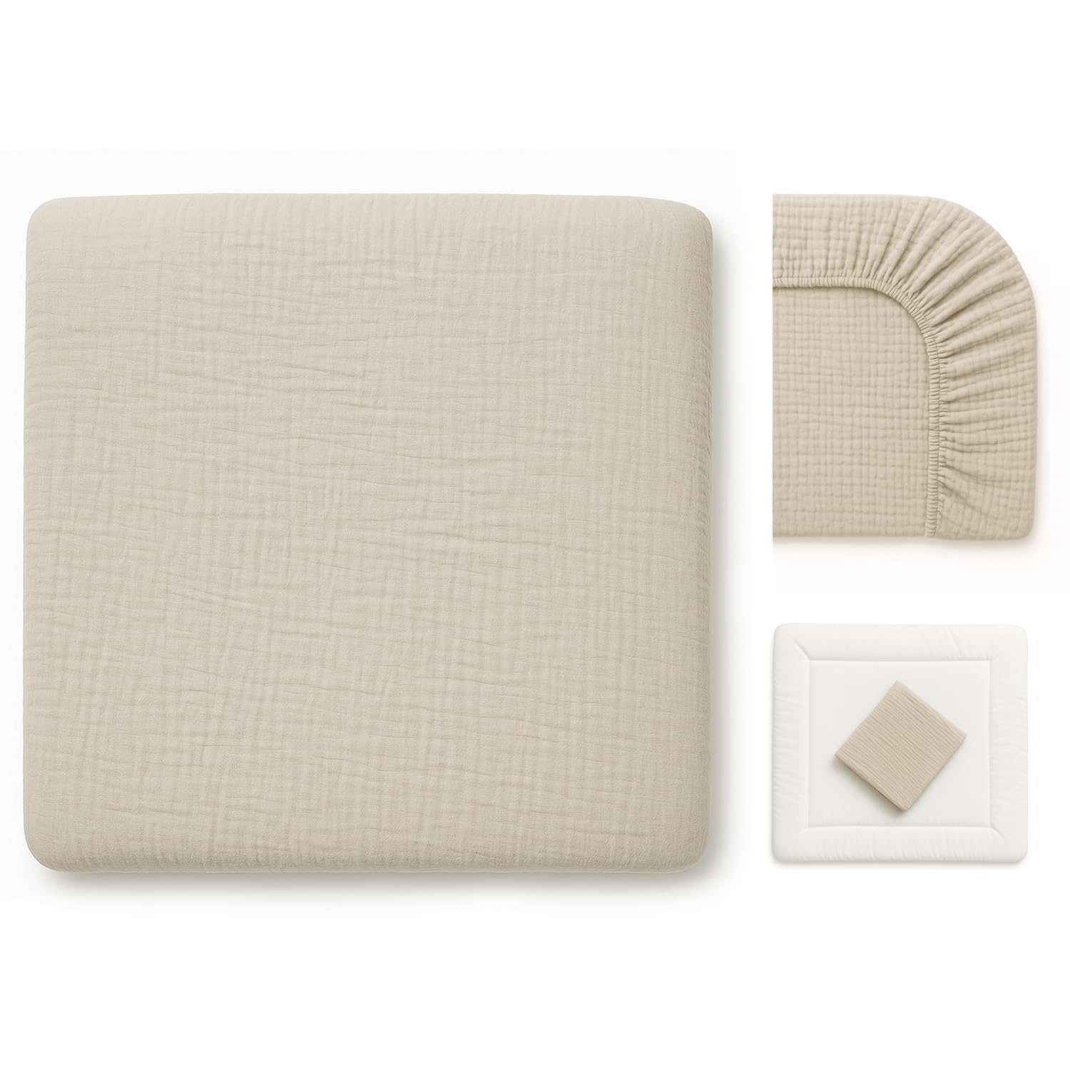 Wickelauflagenbezug 100% Baumwolle Musselin Bezug für Wickelauflage 85x75 und 75x75 cm – weicher Wickeauflagenüberzug, atmungsaktiv & waschbar BEIGE