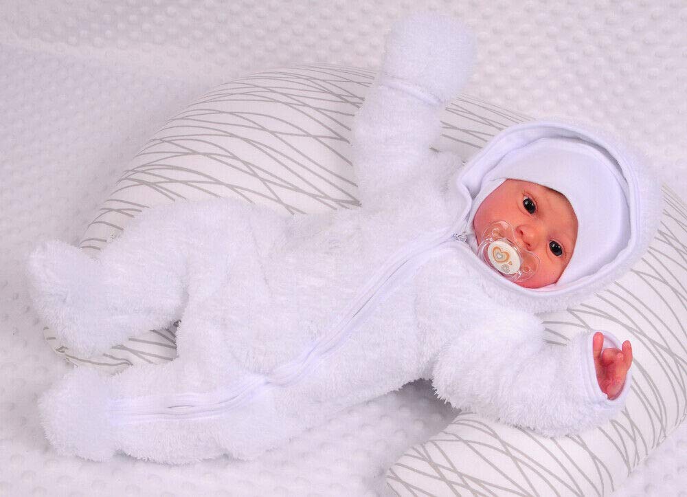 Overall Baby Wagenanzug – Größen 50 56 62 68 74 – Übergangsanzug warm aus Frottee-Stoff mit Baumwollfutter und Umschlagärmeln – Weiß Unisex