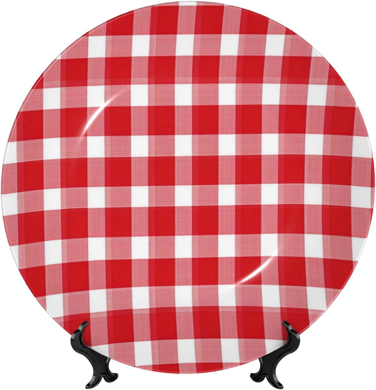 Decorative Plate 10in Bone China Dessert Plates with Display Stand Ceramic Ornament Ceramic Red plaid Decorative Plates Art Crafts Porcelain Plate for Home Club Living Room