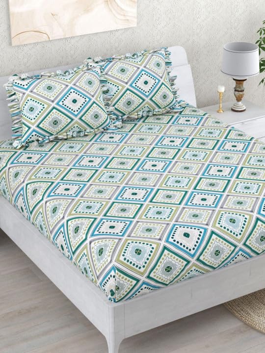Image of 350 TC Premium Heavy Cotton Feel Elastic Fitted Bedsheet King Size with 2 Frill Pillow Covers King Size || Double Bed with All Around Elastic (White Geometric, King)