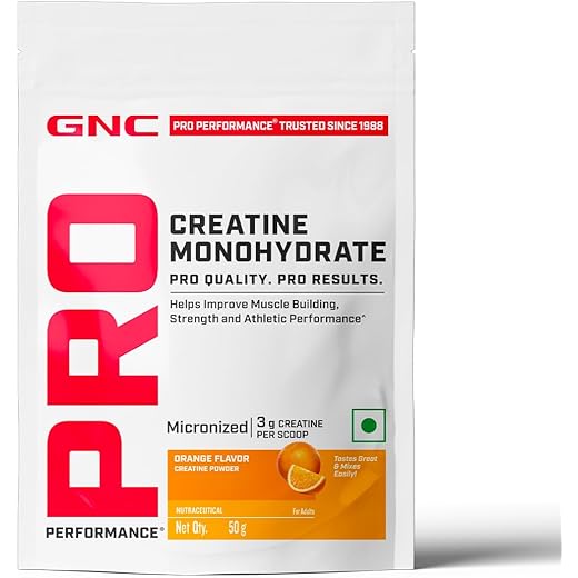 GNC Pro Performance Pure Micronized Creatine Monohydrate | 50 gm | Orange | Instantized | Fuels Muscles | Increase Muscle Mass | Rapid Absorption | Lab Tested | Boosts Athletic Performance | Imported
