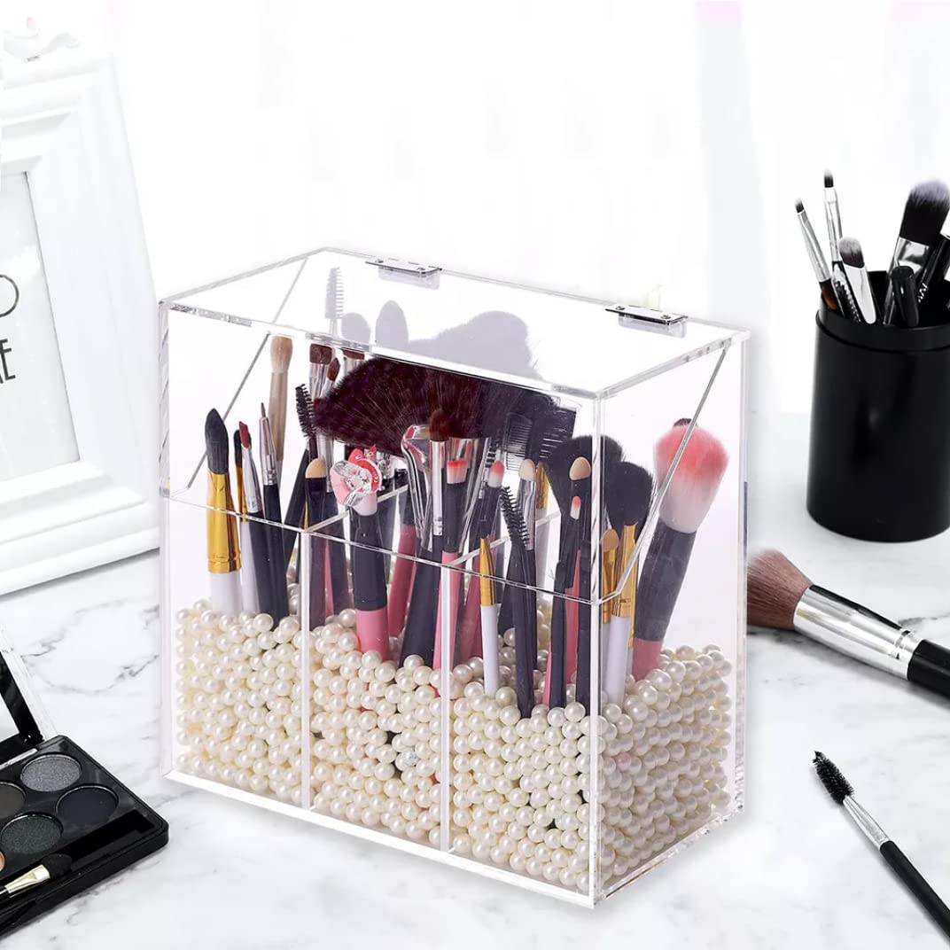 Soporte de acrílico transparente para brochas de maquillaje con tapa, organizador de caja de almacenamiento de brochas cosméticas con compartimento
