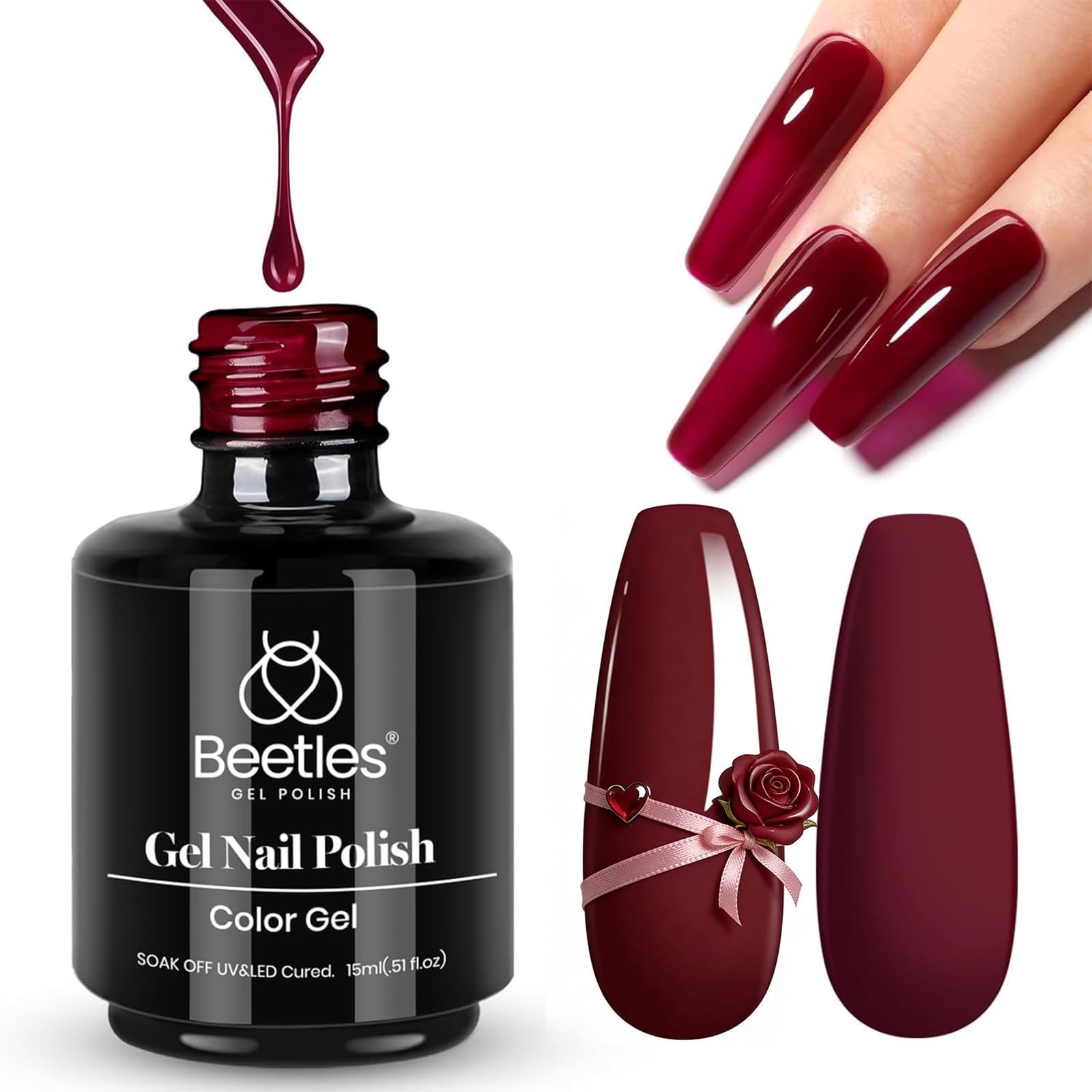 Beetles Dark Red Gel Polish, 15ml Full Maroon Red Gel Nail Polish Soak Off Nail Art Manicure Salon DIY Design at Home Gifts for Woman