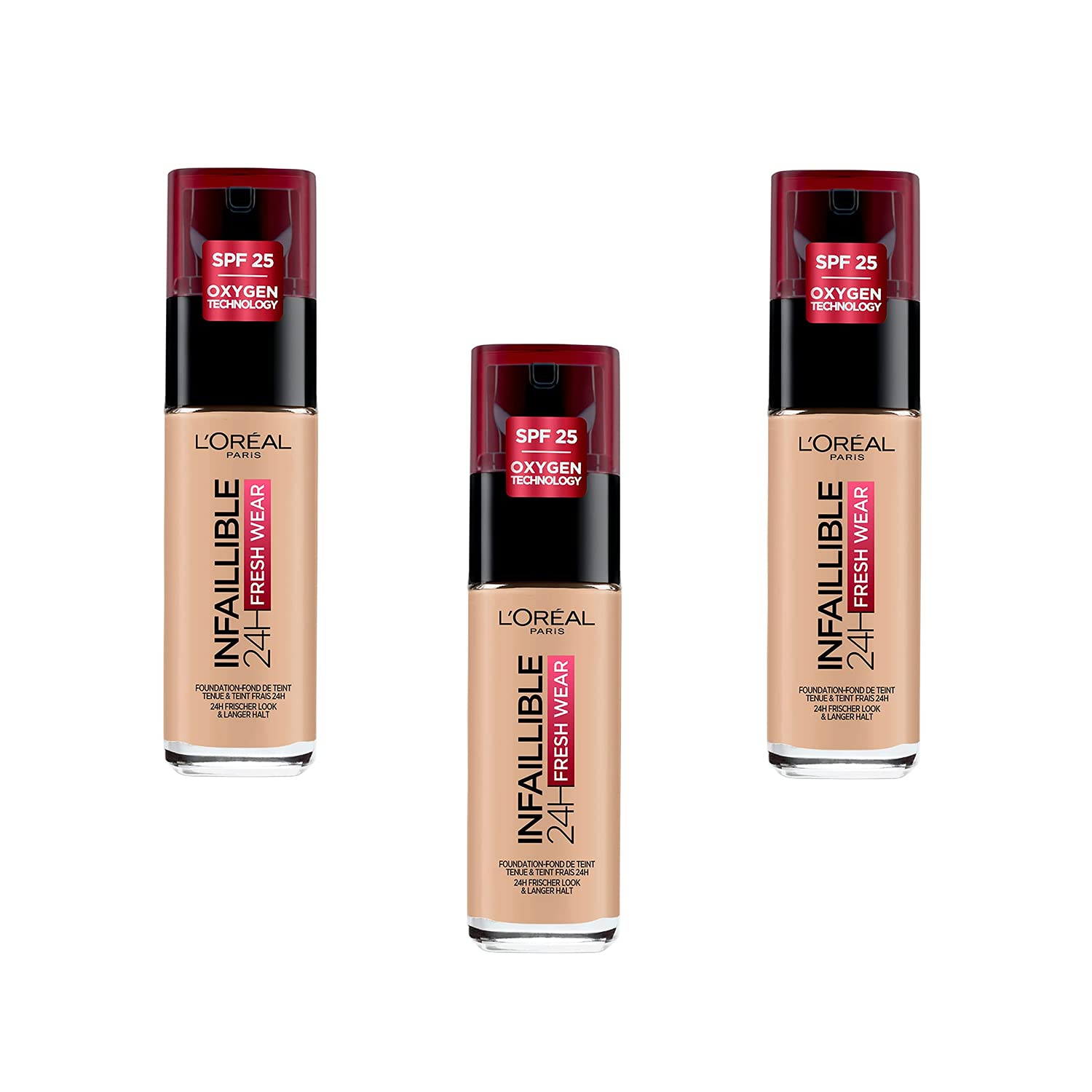 L'Oréal Paris Infaillible 24H Fresh Wear Fondotinta Liquido Coprente Lunga Tenuta - 125 Naturel Rosé, Set di 3 (3 x 30 ml)