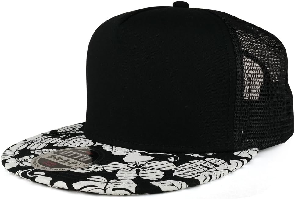 Armycrew Hawaiian Floral Printed Flat Bill Trucker Mesh Snapback Cap