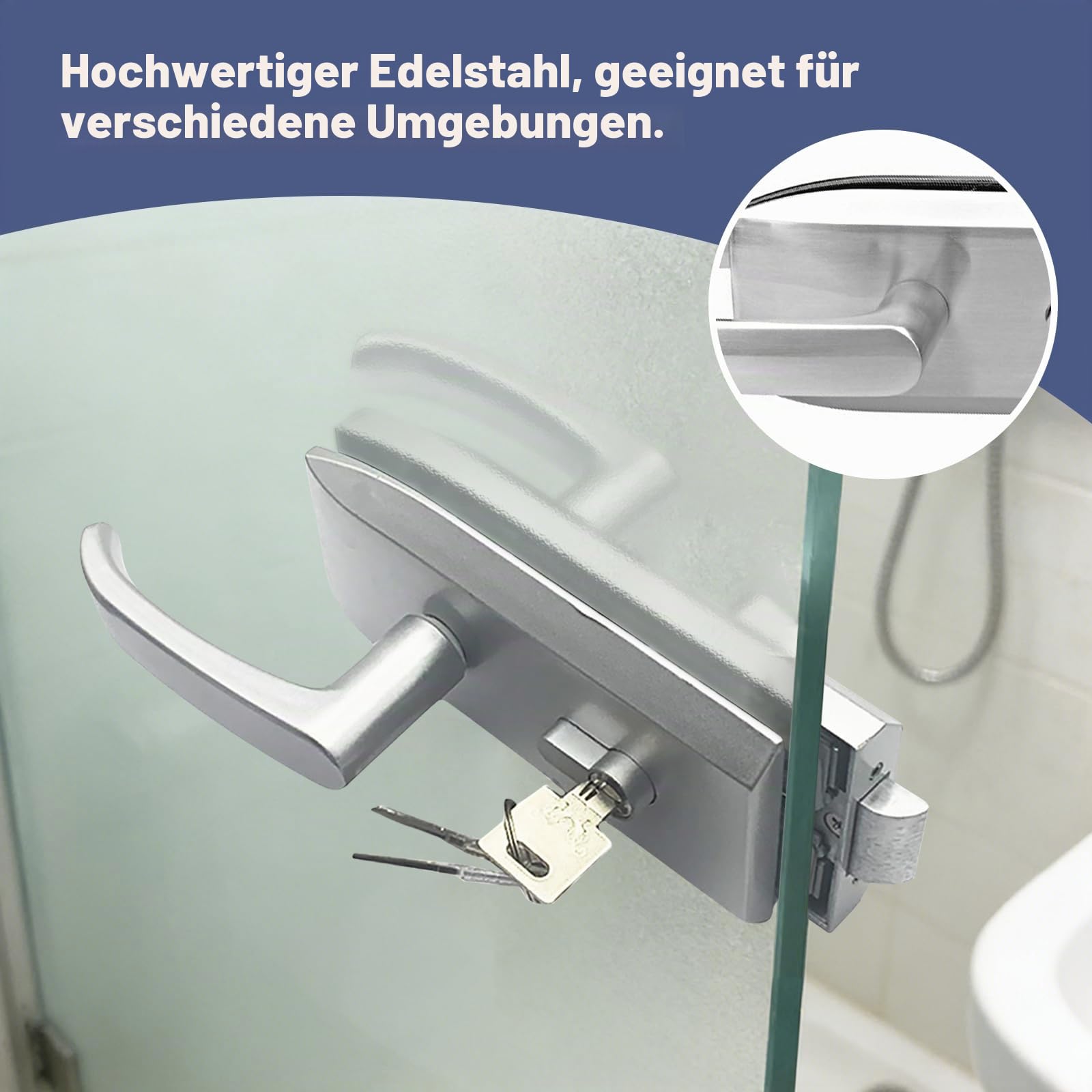 Glastürschloss Edelstahl, Türschloss Innentür, Türschloss für Innentür | mit 3 Schlüsseln, Schiebegriff, Büro Badezimmer Balkon Türbeschlag,Glastürbeschlag für 8-12mm Glas, 5-8mm Türspalt