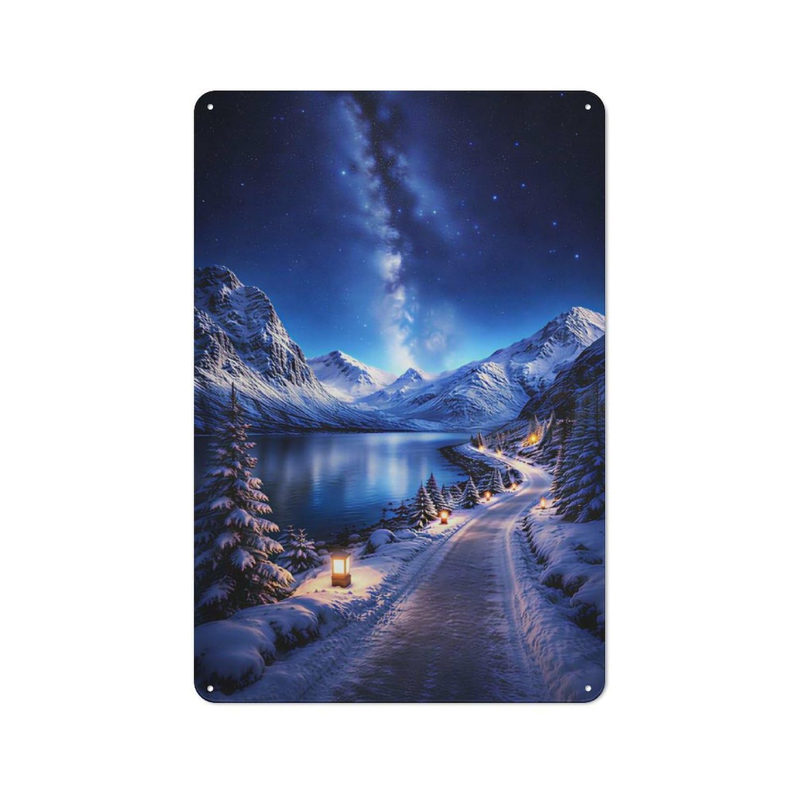 Junmoney Style-7 Vintage Metal Plaque 30X20cm Featuring Winter Landscape With Milky Way For Hallway Wall, For Wall Display Collectors