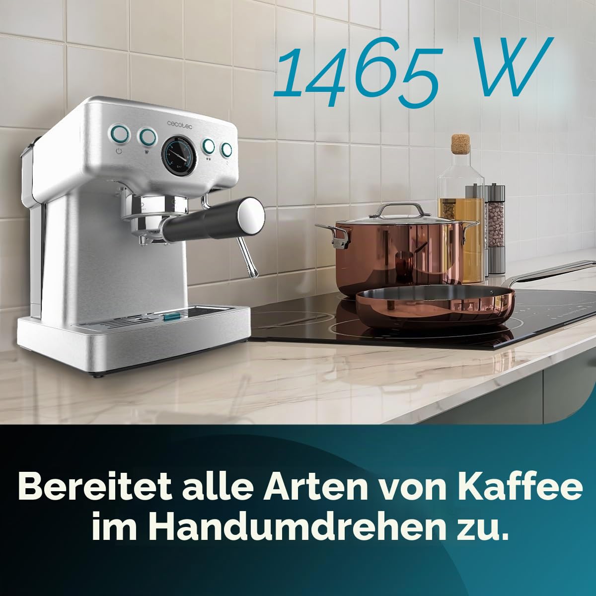 Cecotec Espressomaschine Barista Power Espresso 20 Barista Mini, 1465 W, 20 Bar, Manometer und Thermoblock, Schwenkbarer Dampfauslass und Doppelauslaufarm, 1,8 Liter Fassungsvermögen
