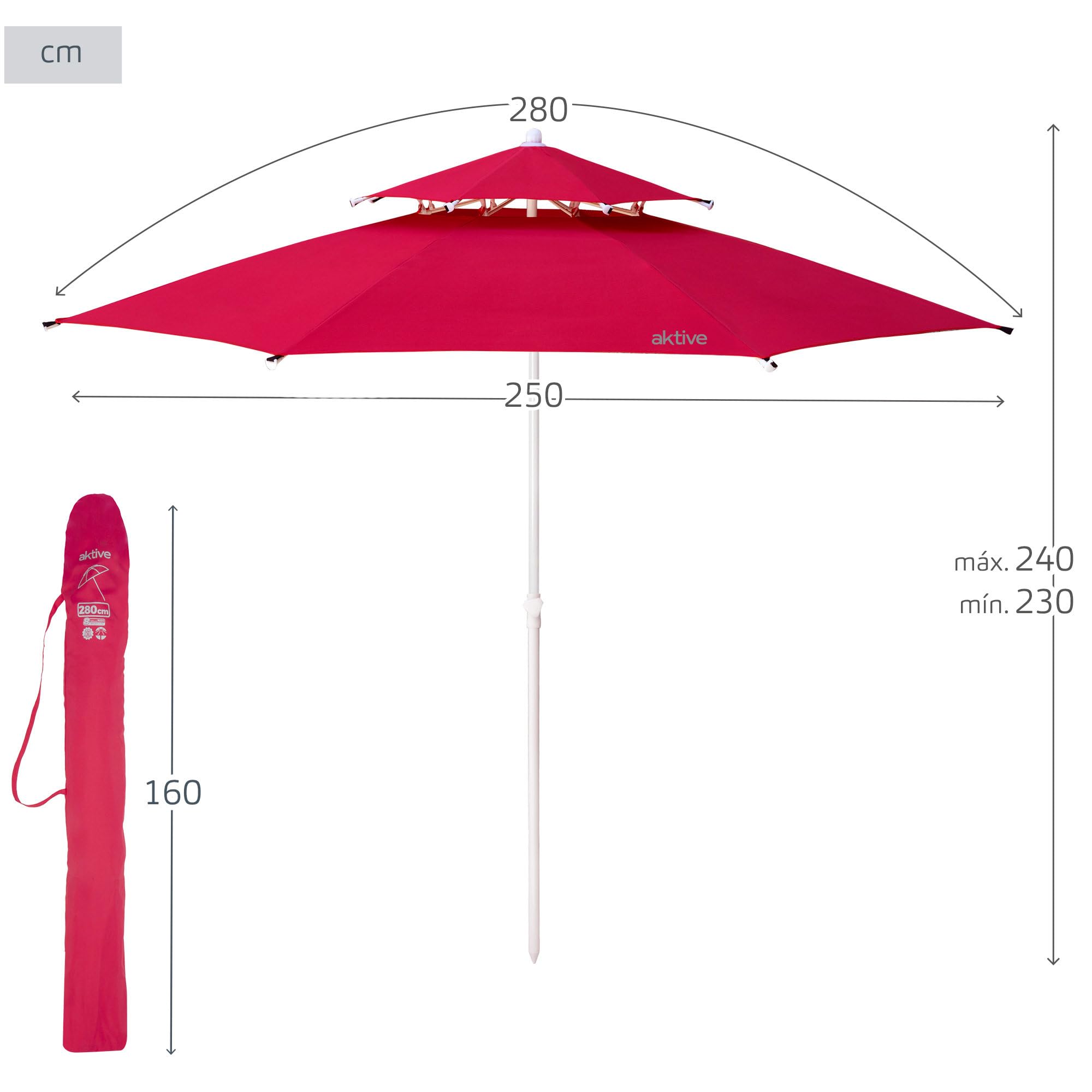 AKTIVE Parasol coupe-vent, Grand parasol, Ø280 cm, design octogonal, mât 28-32 cm, avec toit de ventilation, protection UV30, rouge, Plage