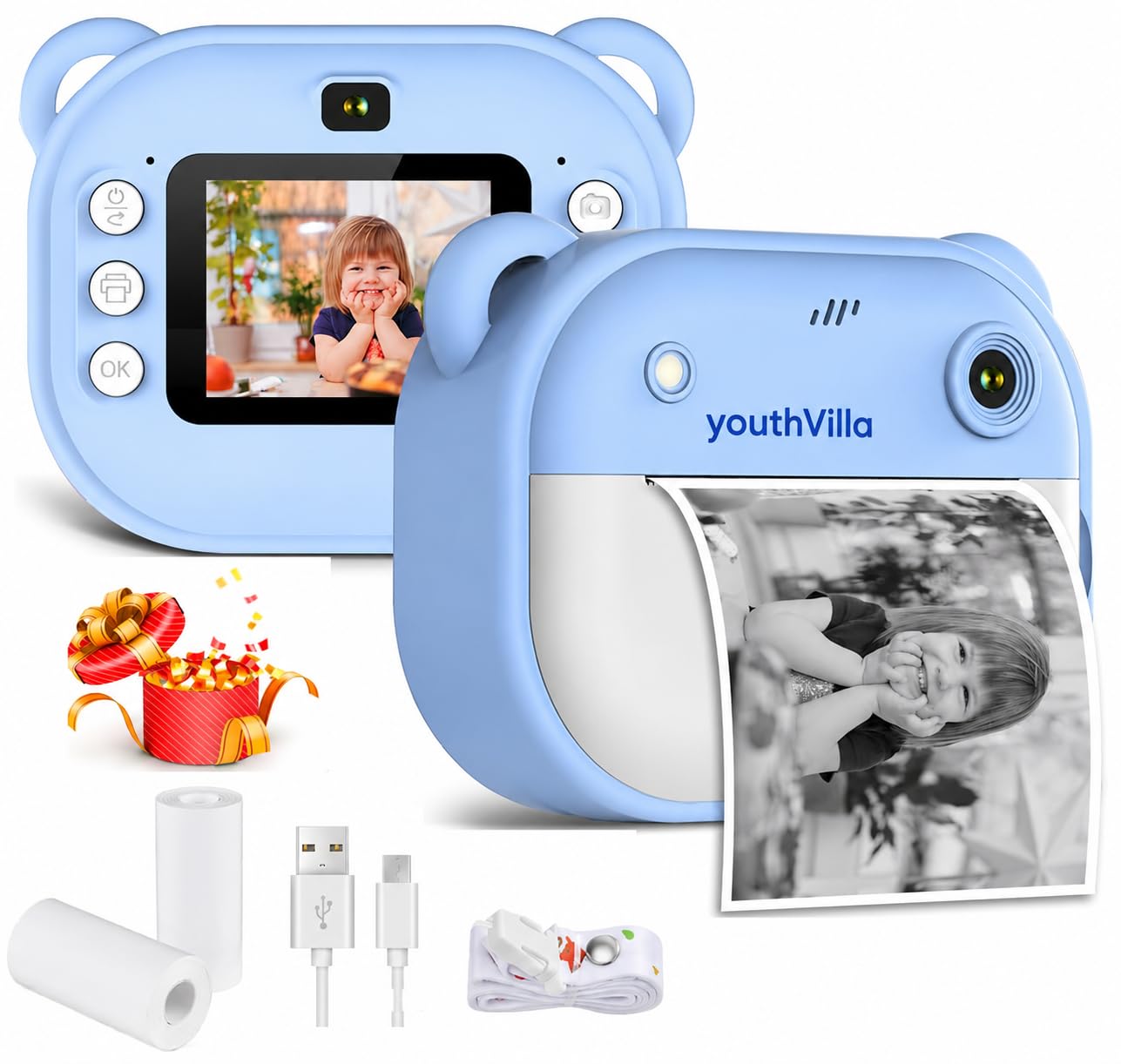 Kids Instant Print Camera for Boys & Girls, HD Digital Photo & Video Camera with Fun Games, Educational Toy Camera with