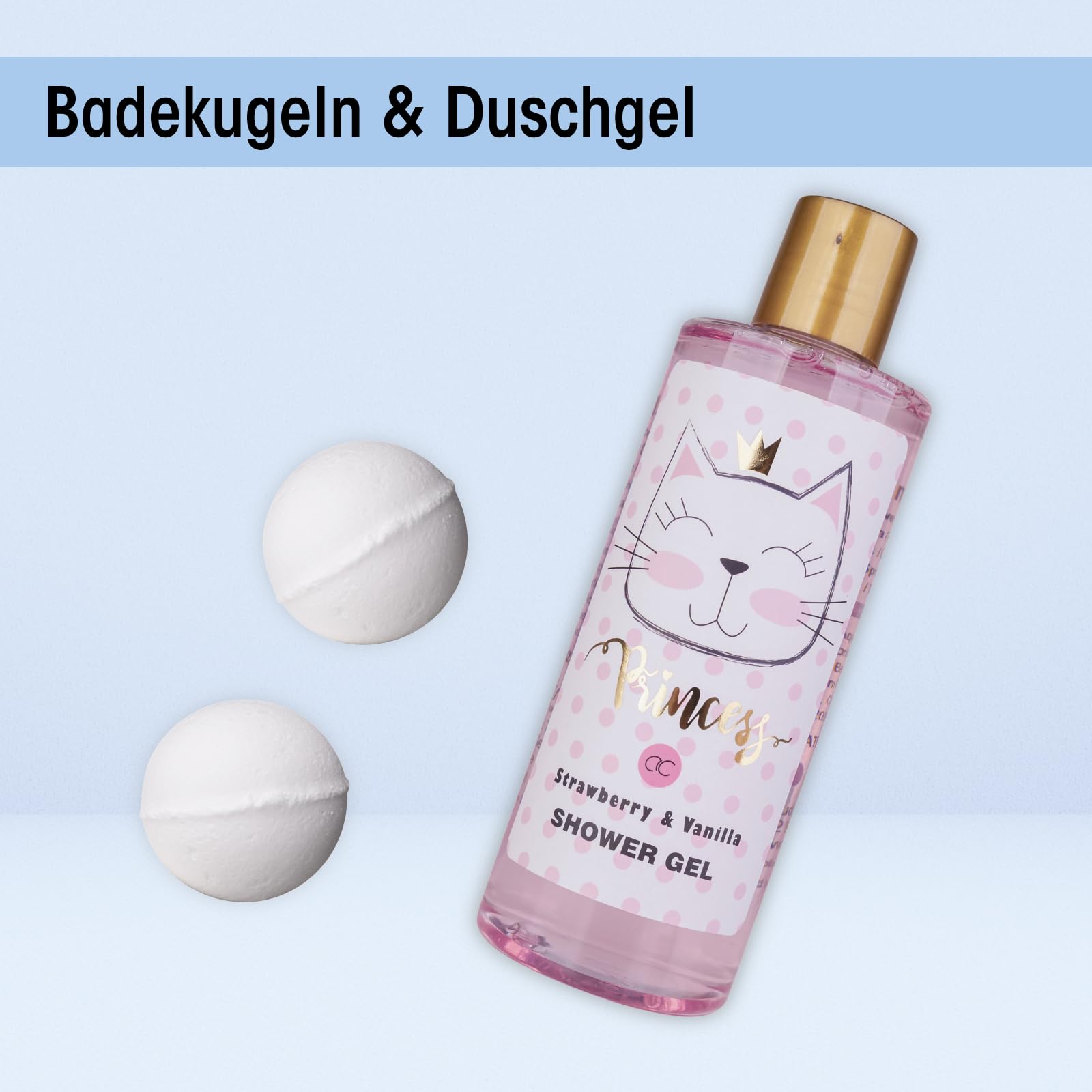 Accentra Geschenkset PRINCESS KITTY, 7-teiliges Geschenkset für Mädchen mit Duschgel, Bodylotion, Körperpeeling, Körpercreme, Badebomben und Netzschwamm im rosa Körbchen, Erdbeere & Vanille Duft