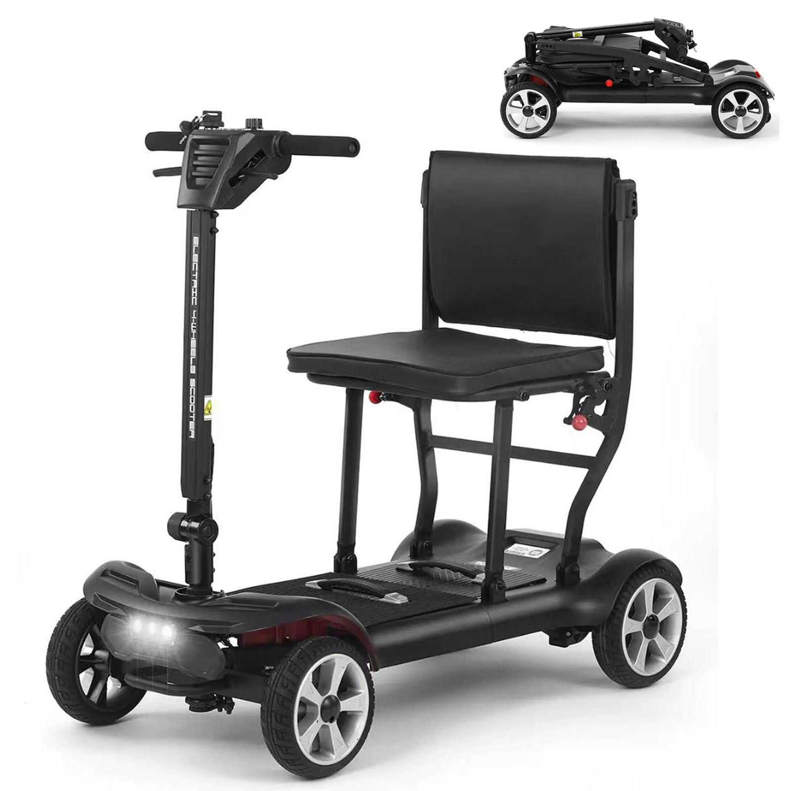Składany Skuter Elektryczny, Ultralekki, 4-Kołowy Skuter Inwalidzki Dla Seniorów (16 Kg), Z Reflektorami LED, Dla Osób Starszych I Niepełnosprawnych 6.6A-Black