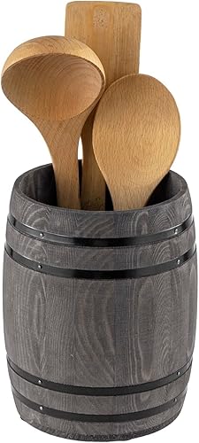 MyGift Vajilla para utensilios de cocina con diseño de barril de vino soporte para herramientas de cocina de madera gris oscuro estilo vintage