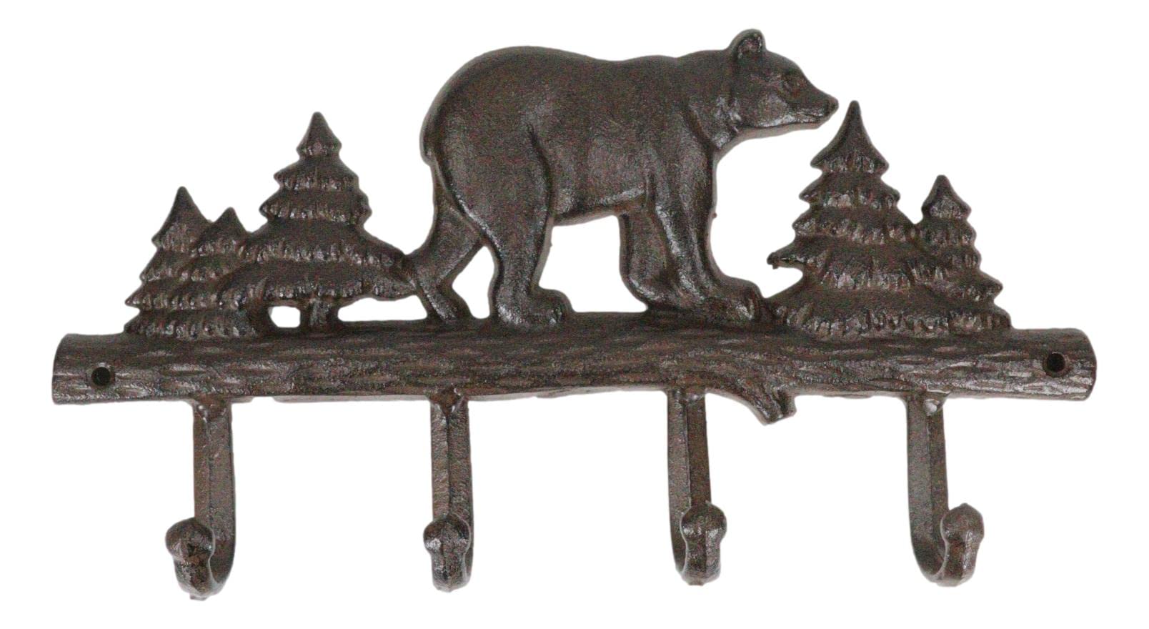 Cast Iron 11.75" Long Rustic Forest Black Bear Strolling by Pine Trees Forest 4-Pegs Wall Hook Western Bears Hunting Cabin Lodge Country for Coat Hat Clothing Leash Keys (1)