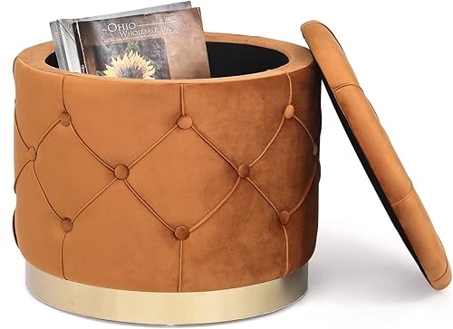 Miniatura 77 de Joveco Otomana redonda de almacenamiento, otomana tapizada con botones y parte superior extraíble, banco de almacenamiento, mesa auxiliar, Negro,