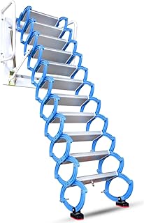 Attic Steps Pull Down Attic Stairs 12 Steps Wall-Mounted Folding Stairs Carbon Steel Retractable Attic Access Ladder with Armrests, Blue, 9.8 Feet Height