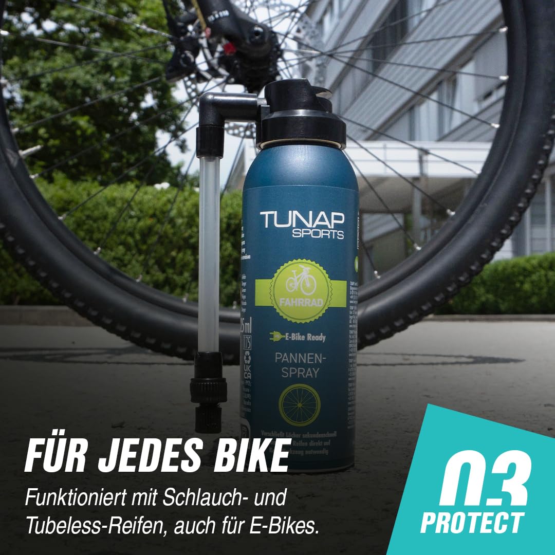 TUNAP SPORTS Spray antiforatura, facile riparazione in caso di danni degli pneumatici in viaggio, chiude i fori in pochi secondi, non sono necessari attrezzi, bomboletta spray da 125 ml | E-Bike
