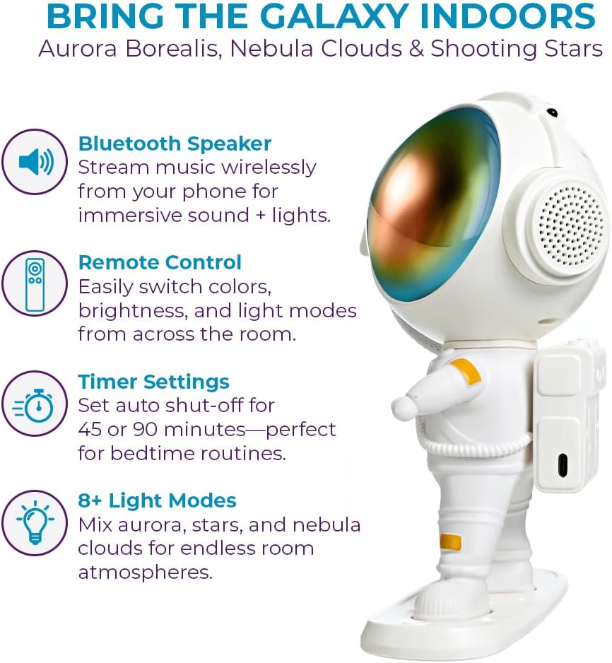 Star Projector for Kids Bedroom – Astronaut Galaxy Projector with Northern Lights, Bluetooth Music & Remote – Space Night Light for Nursery, Room Decor & Baby Sleep Lamp Gift