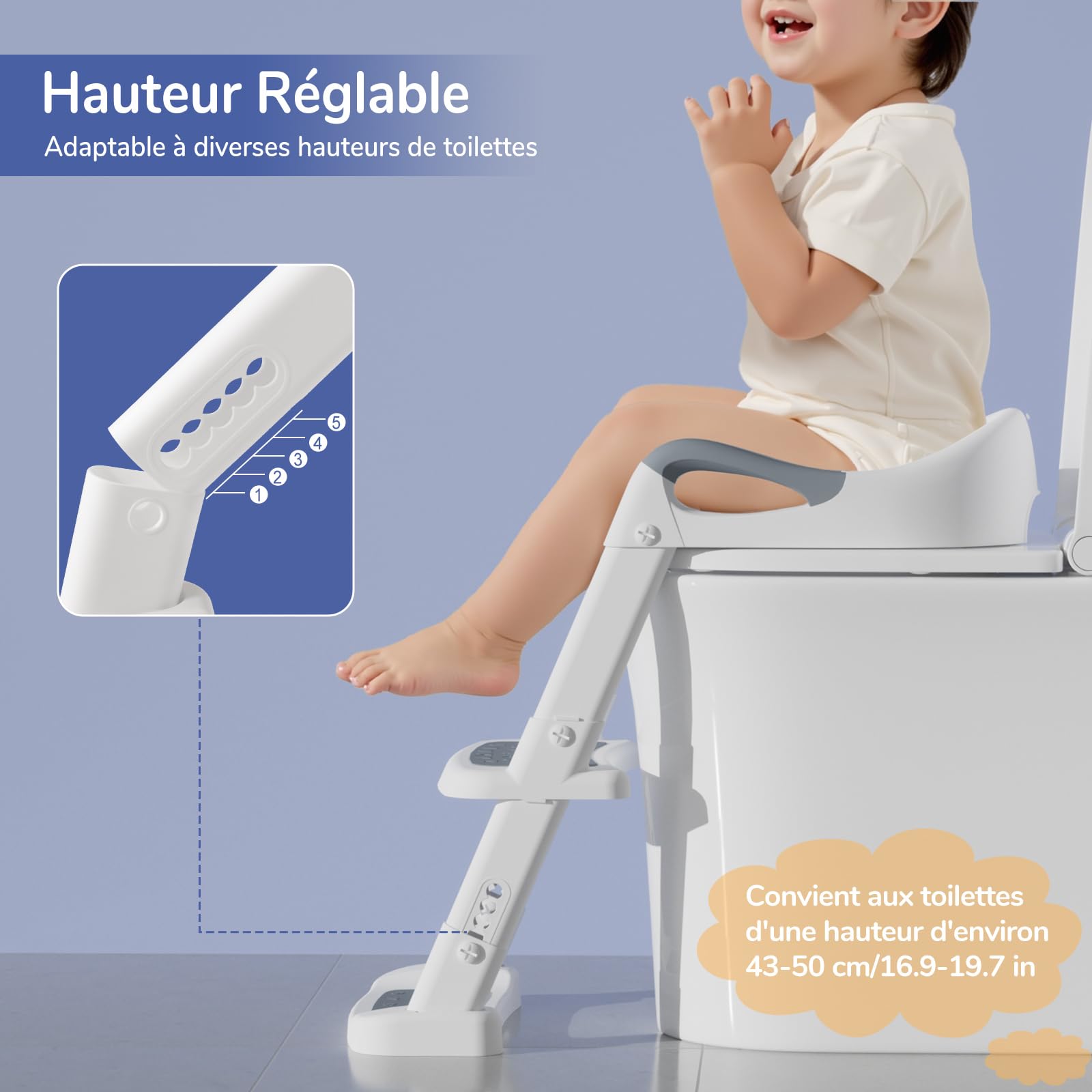 DEANIC Reducteur Toilette Enfant Rehausseur Toilette Enfant avec Marche, Réducteur Toilette Enfant avec PU Coussin Moelleux, Adaptateur Toilette Enfant, Siege Toilette Enfant de 1 à 7 ans (Gris)
