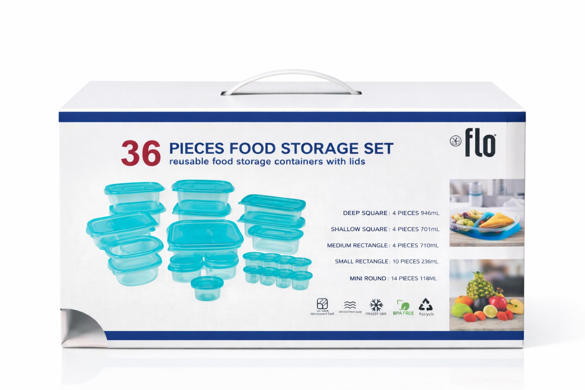 Flo 36 Pieces Food Storage Container Set with Lids, Reusable Plastic Containers, BPA Free, Microwave and Freezer Safe