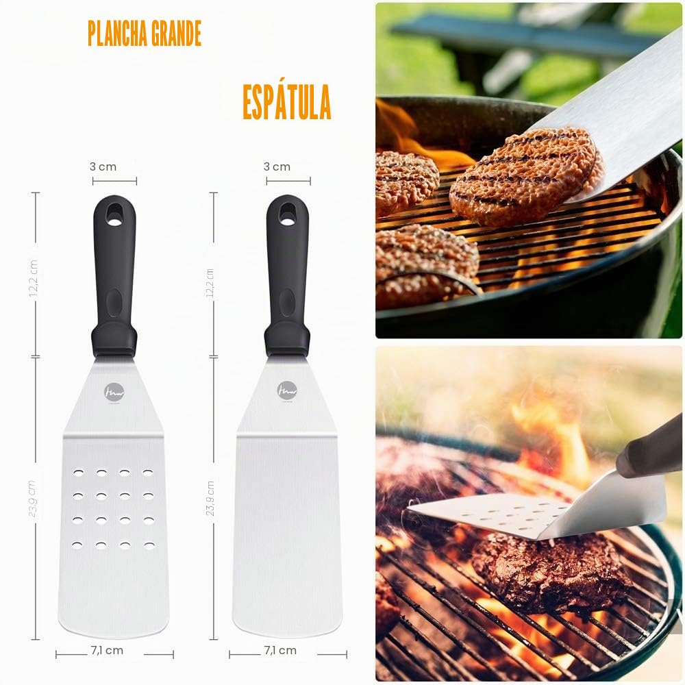 Huolewa 9 Piezas Conjunto de Espátula para Barbacoa, Juego de Barbacoa de Espatula Plancha de Acero Inoxidable, Herramientas de Espátula para Grill, con Cepillo, Botella y Bolsa de Almacenamiento