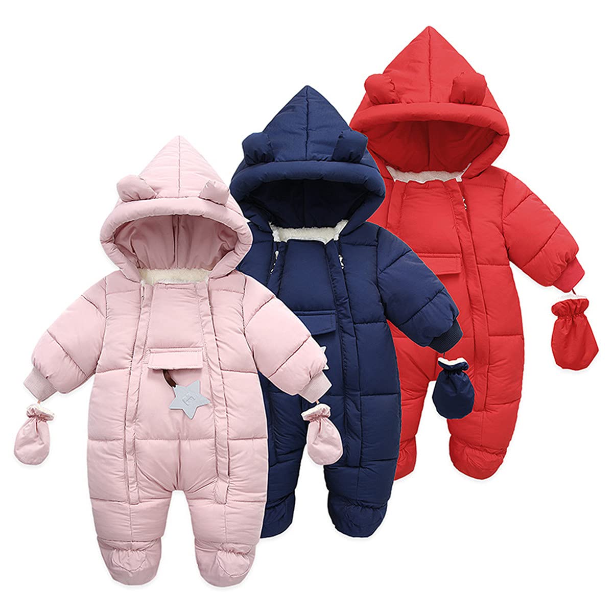 JELEUON Baby Girls Boys One Piece Footed Hooded Fur Trim Winter Warm Down Jacket Jumpsuit Romper Snowsuit with Gloves (9-12 Months, Star-Pink)