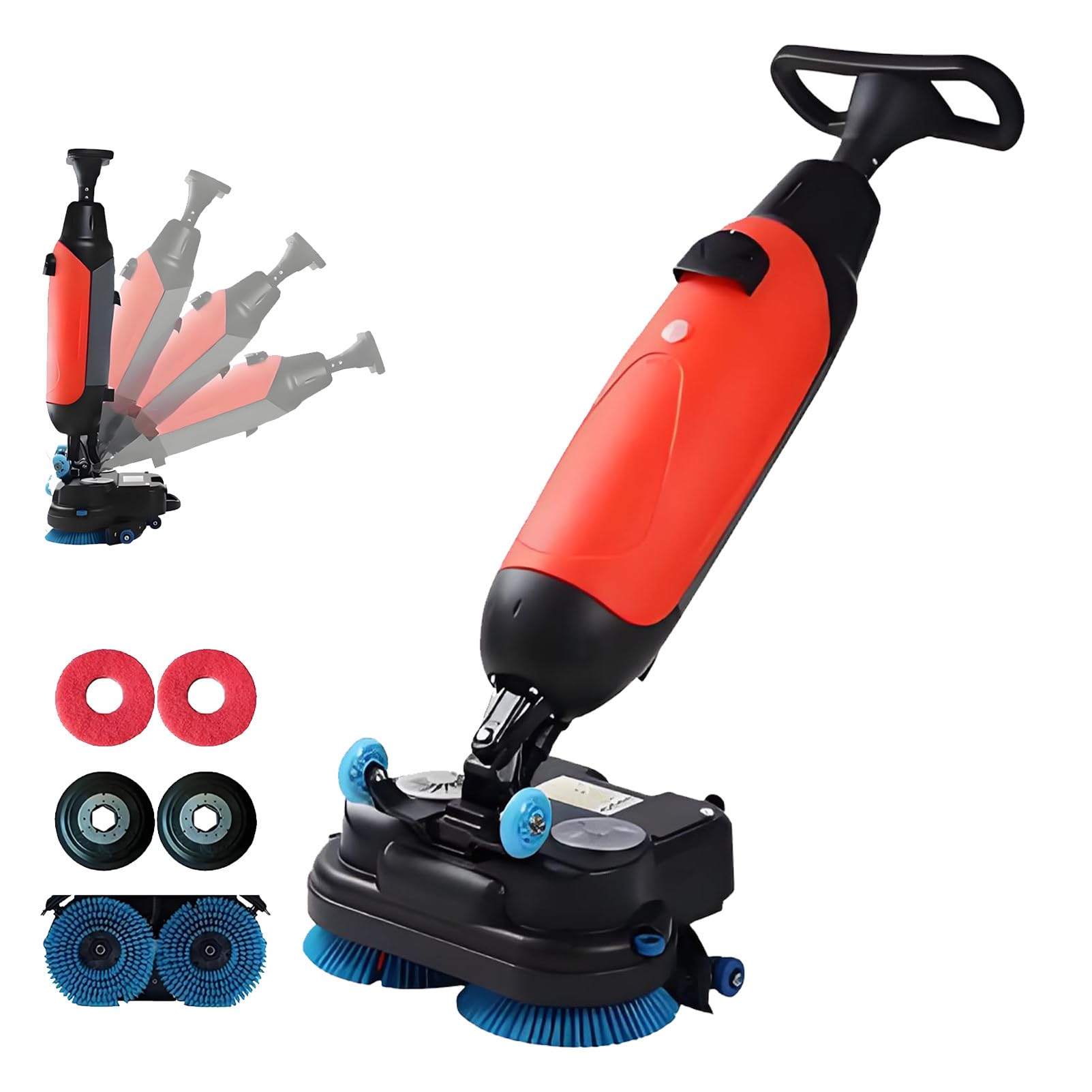 Walk Behind Floor Scrubber Dryer, Commercial Electric Floor Scrubber Tile Polisher, 17" Cleaning Width, Coverage 10764 Sqft/H, for Narrow Spaces Offices Retail Stores Commercial Buildings. Red