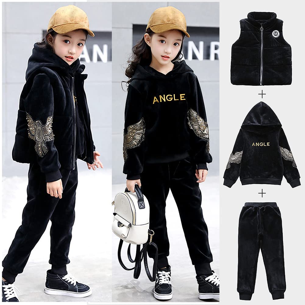 Chandal Niña Encapuchado Polar Forro Sudadera + Pantalón + Chaleco 3 Piezas Moda Personalidad Niños Invierno Deportes Traje para Edad 3-13 Años