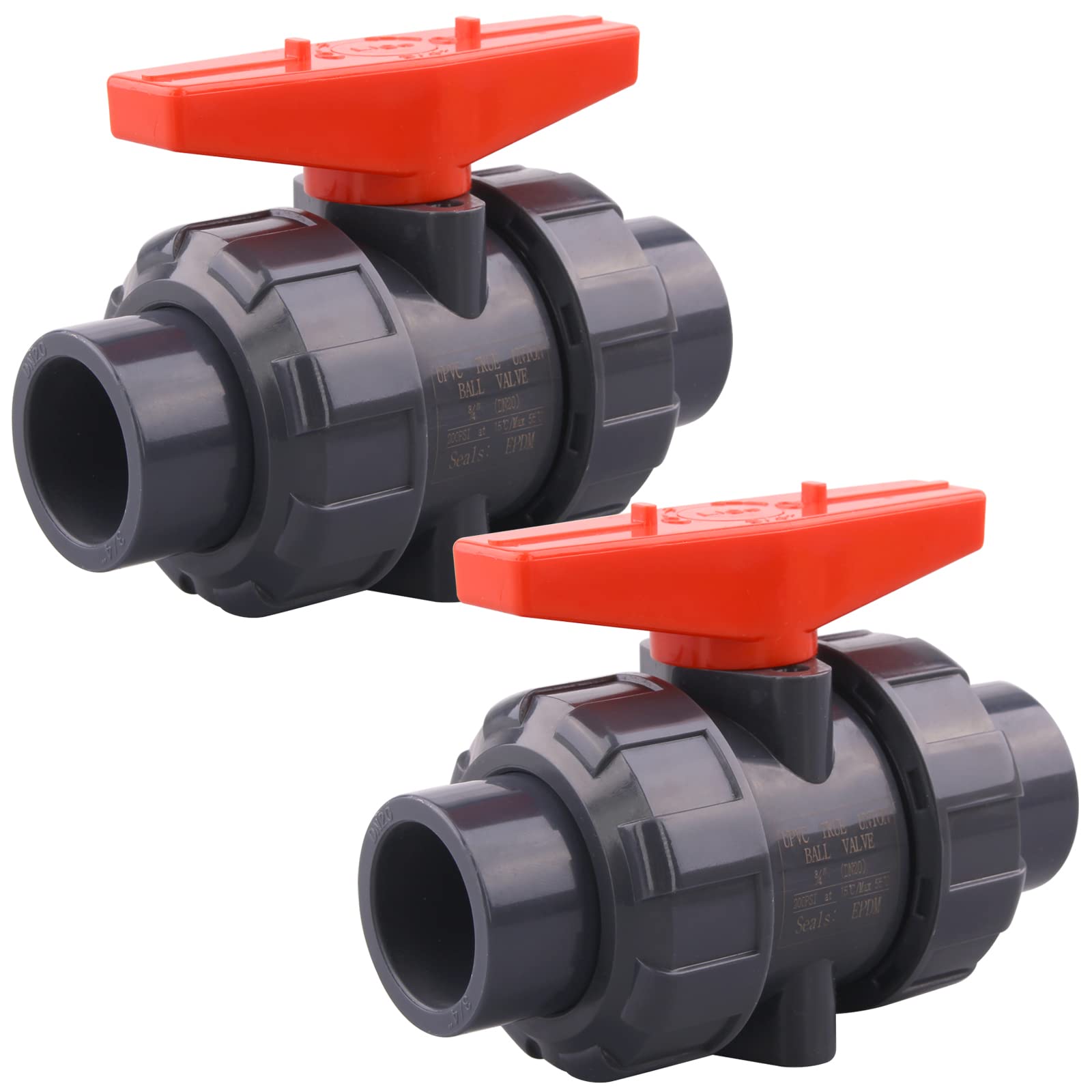DERNORD 2 Pack PVC True Union Ball Valve with Full Port, EPDM O-Rings, and Reversible PTFE Seats,Rated at 200 PSI (3/4 inch Socket)