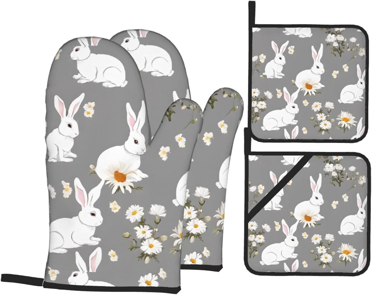 (Bunny Floral) Baking 4-Piece Set: 2 Oven Mitts and 2 Pot Holders Heat Resistant Waterproof Hanging Loop for Kitchen Oven Grill Housewarming Gifts
