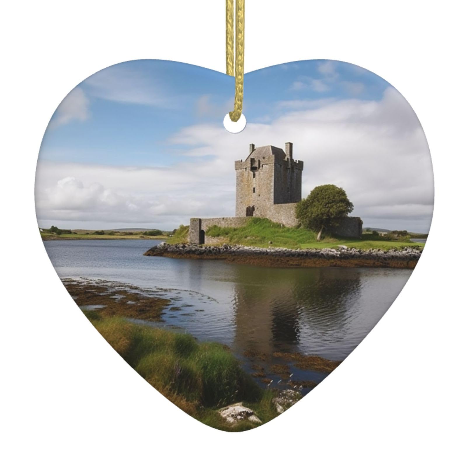 Ceramic Christmas Tree Hanging Ornaments with Gold Ropes Christmas Tree Decorations Heart Ceramic View of The Dunguaire Castle Pendant Keepsake Decorations for Holiday Xmas Gift Ideas