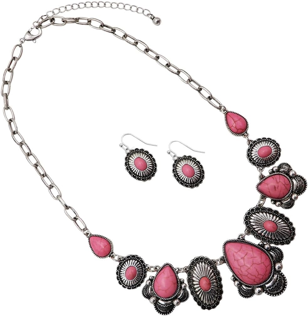 Rosemarie & Jubalee Women's Stunning Statement Vintage Western Style Semi Precious Howlite Stone Necklace Earring Gift Set, 18"+3" Extender image 2