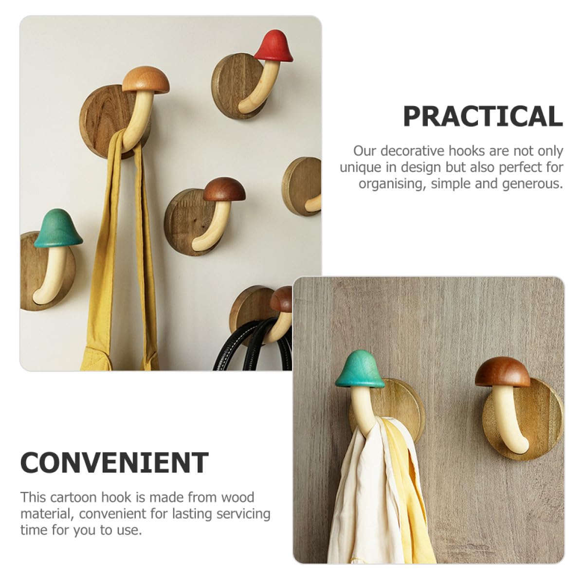 Ganchos de Pared Adhesivos de Madera Natural Forma de Hongo 4 Piezas sin Perforación para Colgar Abrigos y Toallas Decoración Nórdica para Baño y Dormitorio
