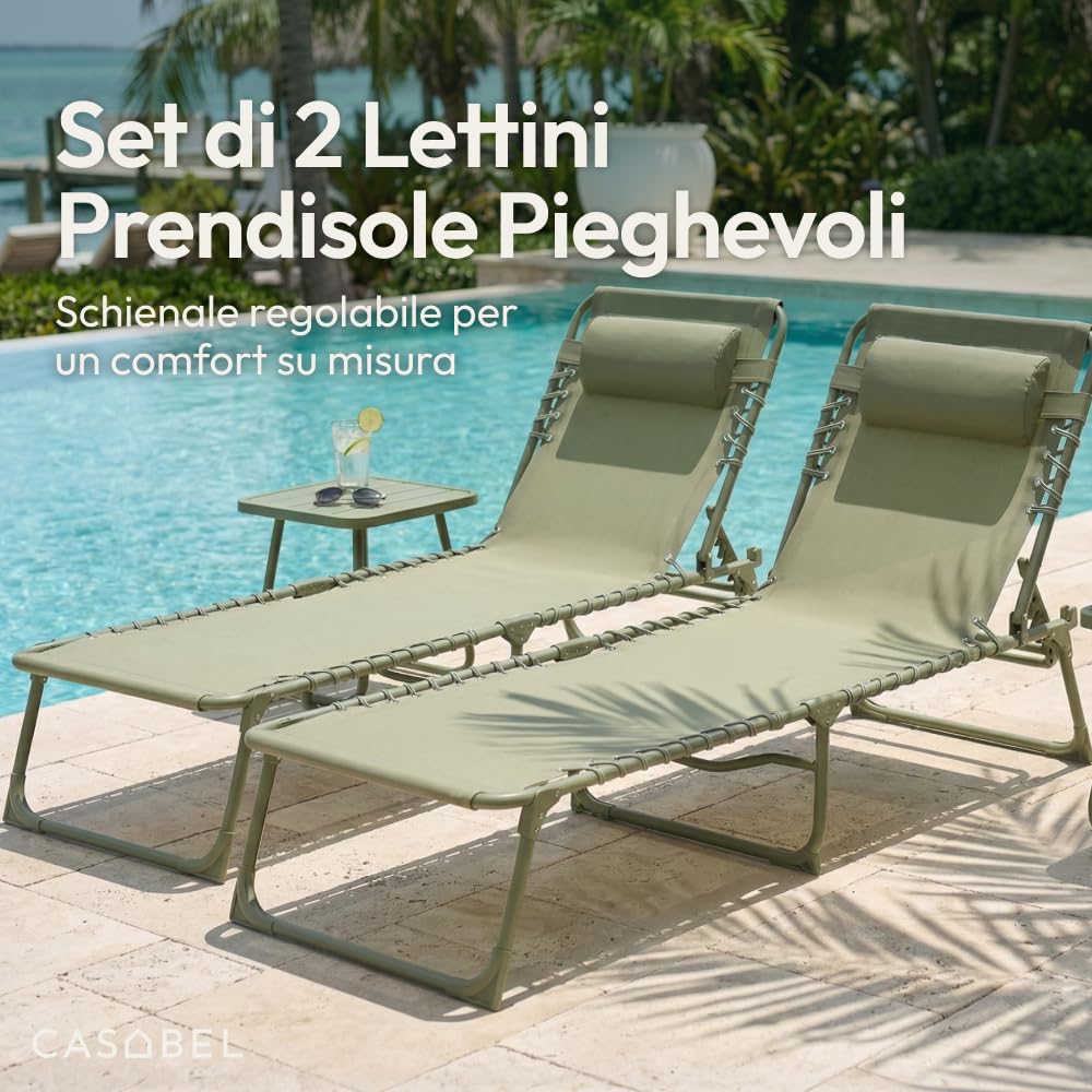 CASABEL Sedia Sdraio Pieghevole da Giardino, Set di 2 Lettini Pieghevoli Esterno Comodi e Resistenti, Struttura in Acciaio e Rivestimento in Textilene, Arredo Giardino Prendisole, Verde salvia
